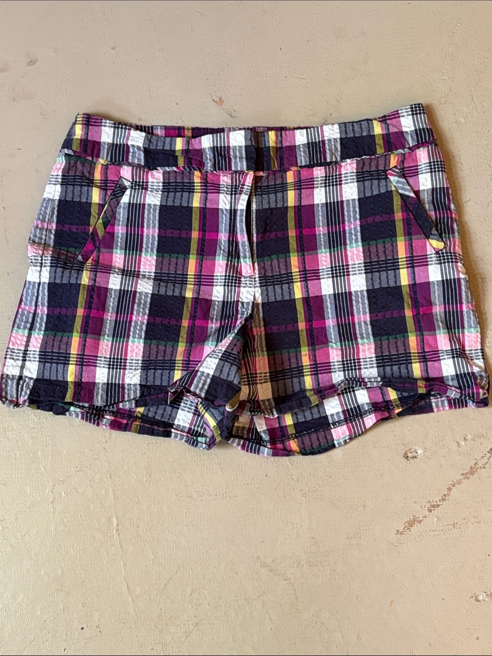 Anne Klein Plaid Cotton Shorts - Pink, Navy & White